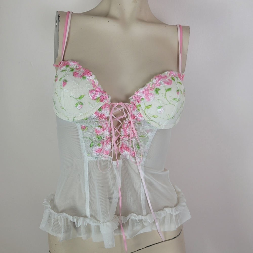 Vintage Y2K White Sheer Bustier Top Lace Front Pink Floral Embroidery Ruffles